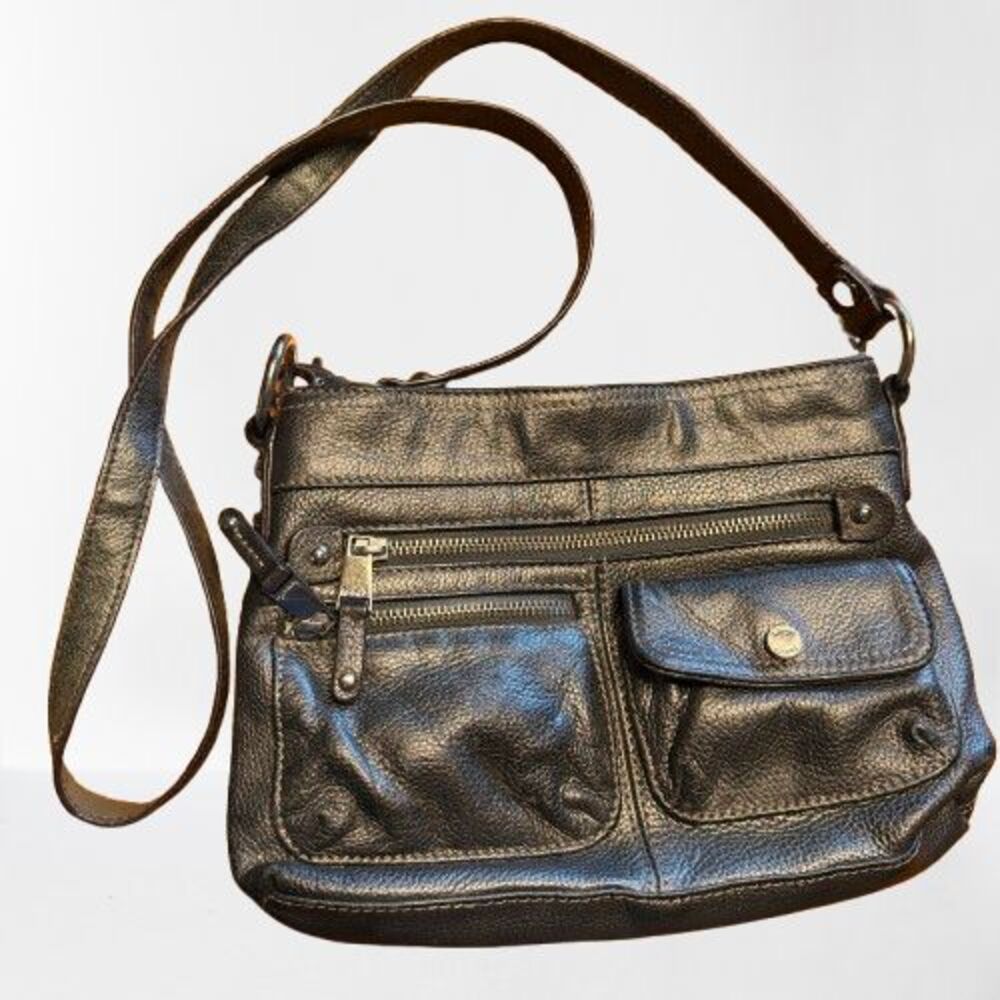 Tignanello Pewter Leather Crossbody Bag Metallic Multi Pocket Organizer Purse